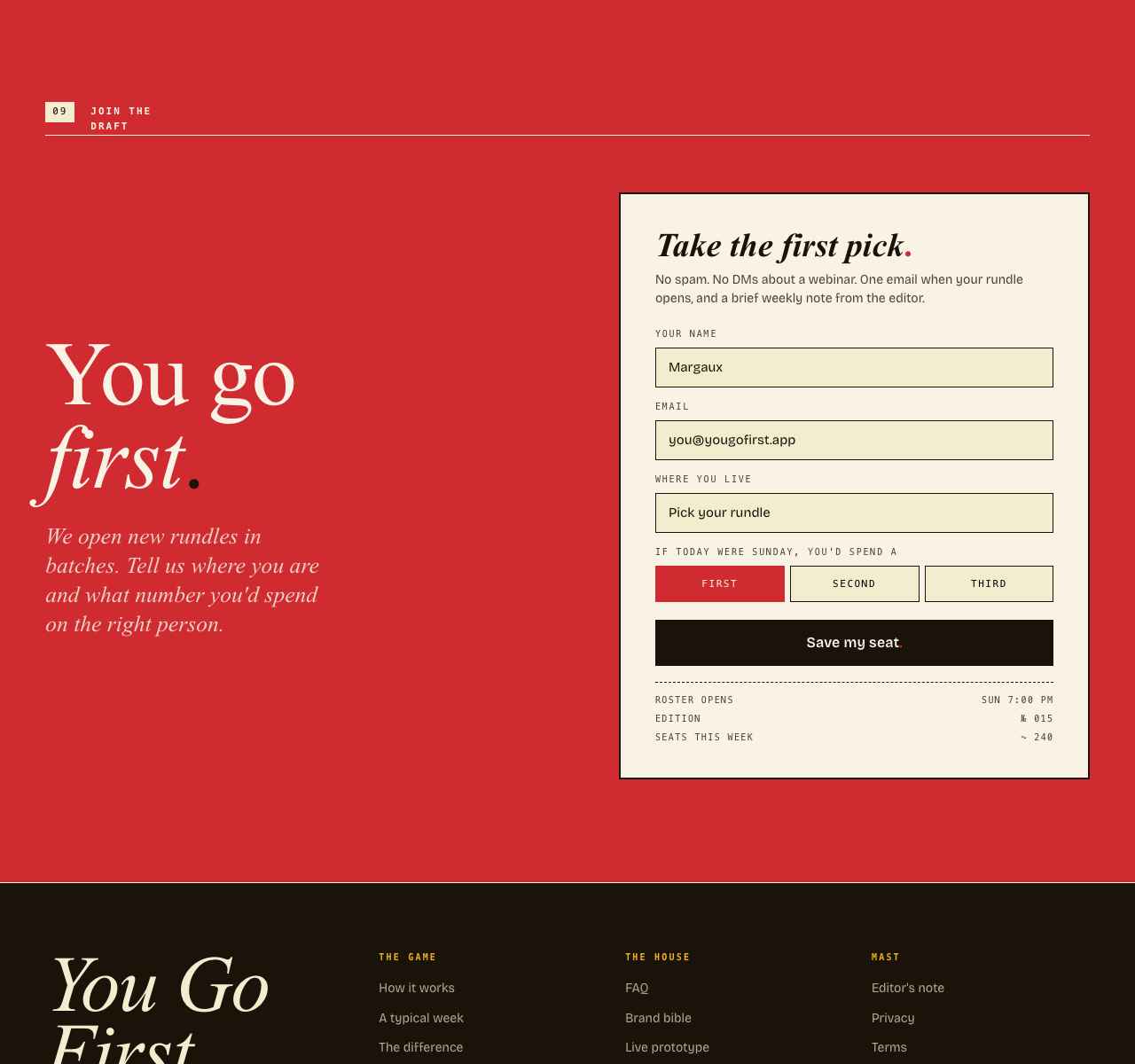 You Go First waitlist hero on a deep crimson background