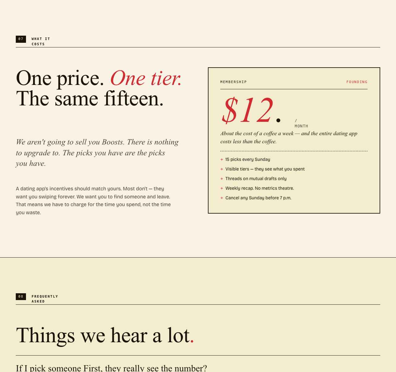 The premise section on a deep ink background — It is a dating app, shaped like a draft