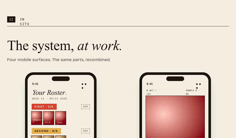 The system at work — the Roster screen and the player-card screen on iPhone frames